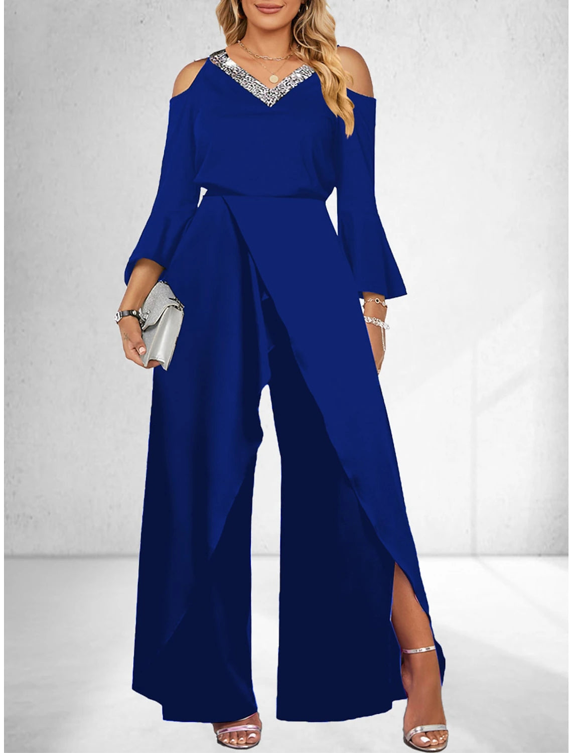 Women's Sequin Solid V Neck Business Elegant Wide Leg Loose Sleeve Bell Sleeve Jumpsuit