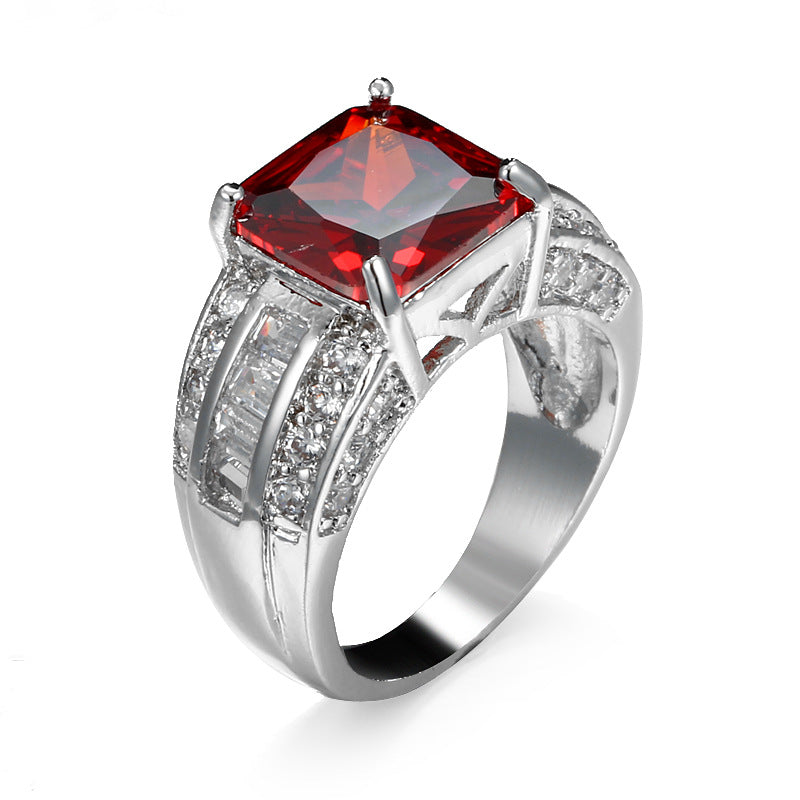 Cross-border Hot Gold-plated Jewelry Men's and Women's Wedding Ring Jewelry Garnet Red Zircon Ring Women's Design Sense Niche Jewelry Trendy