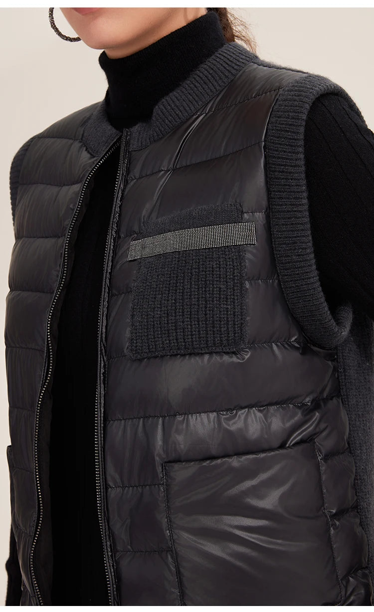 BD3521201 Goose Down Puffer Vest for Women 100% Cashmere Lightweight Warm Knit Panel Design Luxury