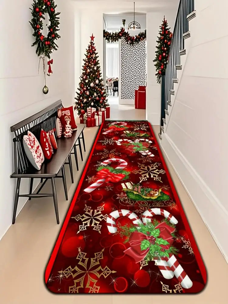VIKAMA Red & Golden Christmas Runner Mat Kitchen Rugs Entryway Hallway Bedroom Carpet Welcom Floor Mat Laundry Floor Mat Home