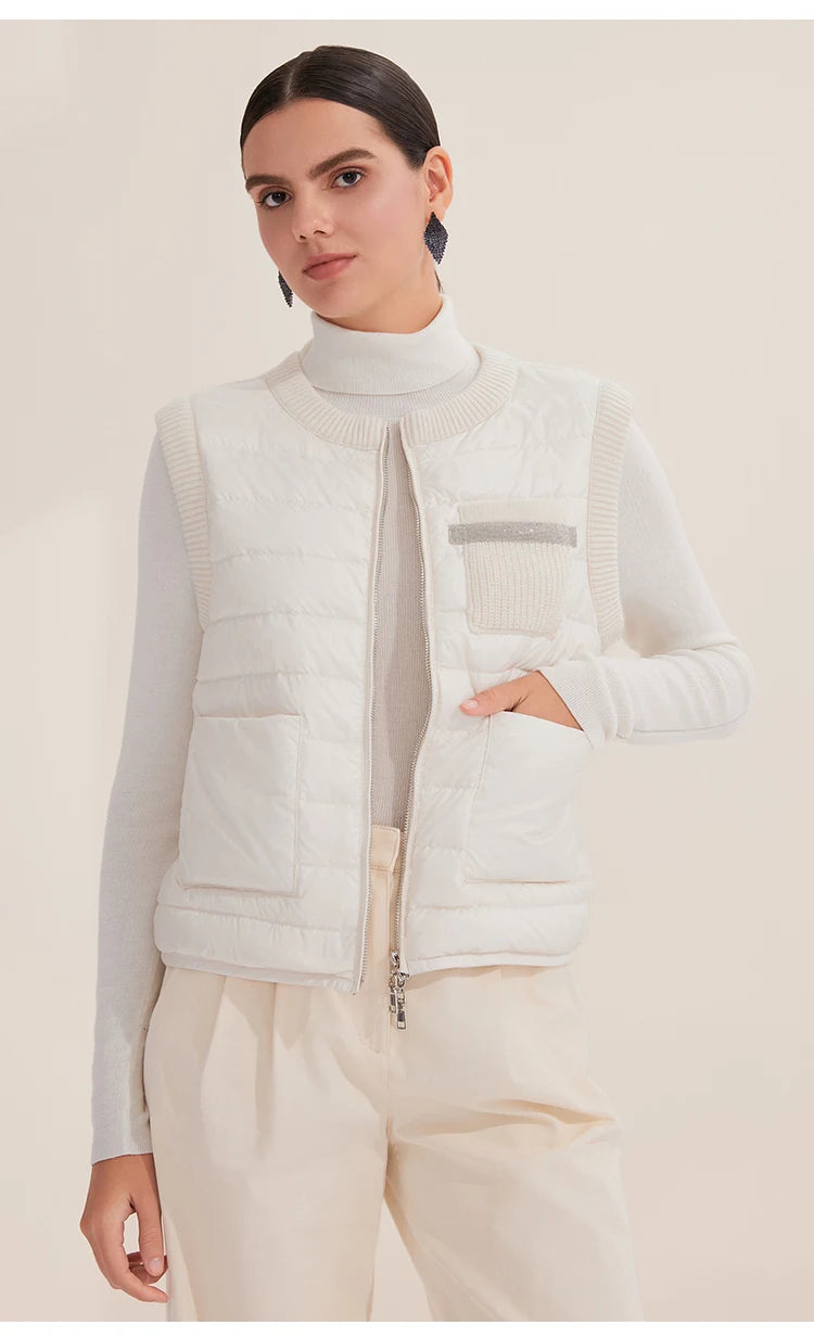 BD3521201 Goose Down Puffer Vest for Women 100% Cashmere Lightweight Warm Knit Panel Design Luxury