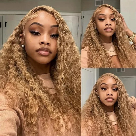 #27 Honey Blonde Curly Human Hair Wig 13X6 Deep Wave Frontal Wig 30 36 Inch 13X4 Hd Transparent Lace Front Colored Wigs