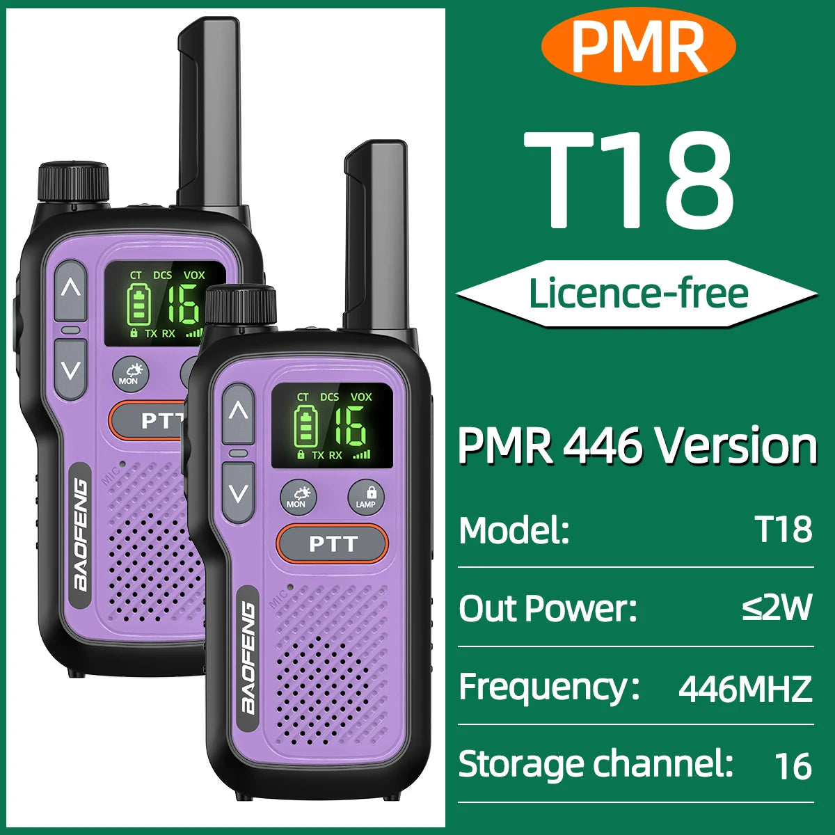 2pcs Baofeng T18 Mini Walkie Talkie Long Range PMR FRS Rechargable Portable Two Way Radio Type-C Charger VOX for Camping Trip