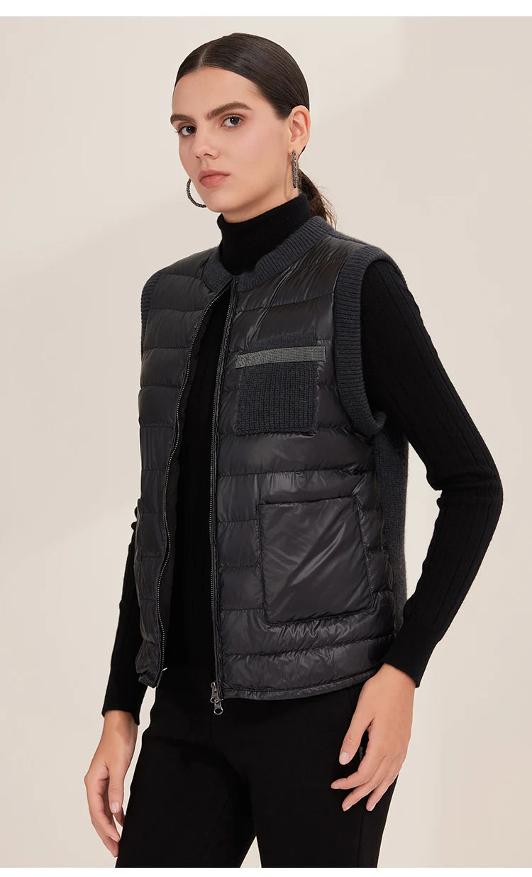 BD3521201 Goose Down Puffer Vest for Women 100% Cashmere Lightweight Warm Knit Panel Design Luxury