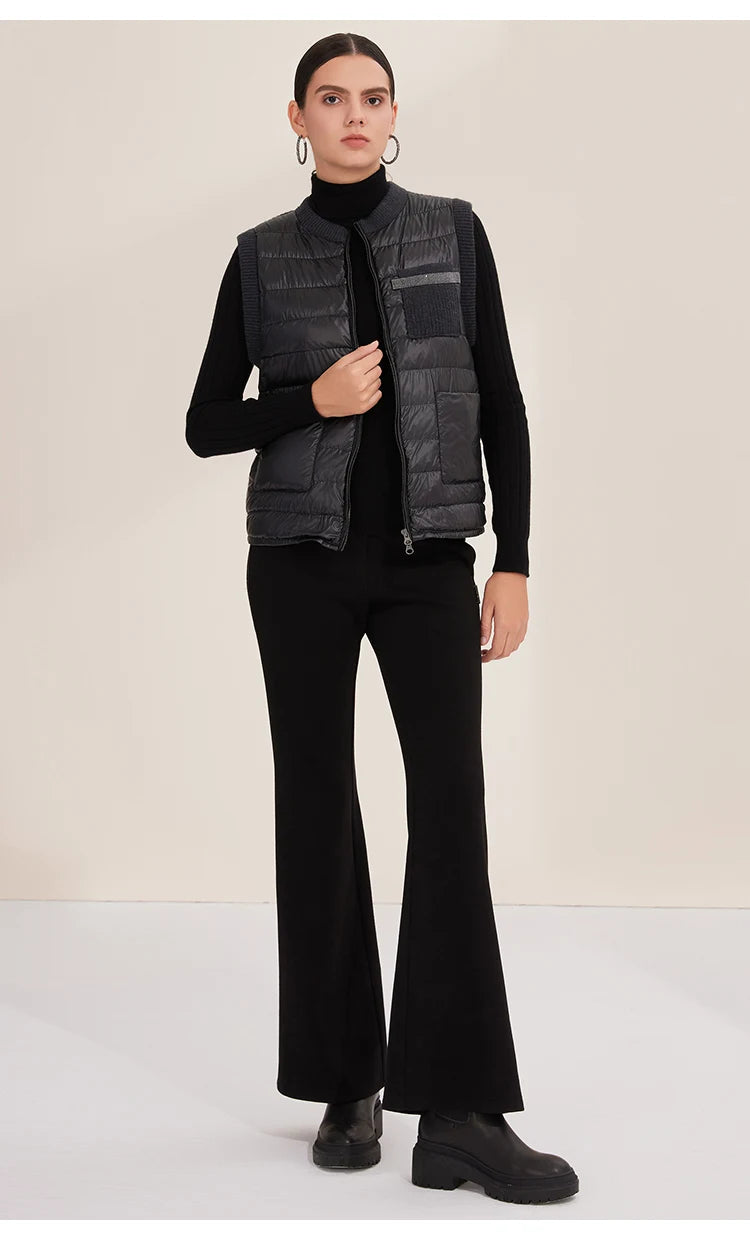 BD3521201 Goose Down Puffer Vest for Women 100% Cashmere Lightweight Warm Knit Panel Design Luxury