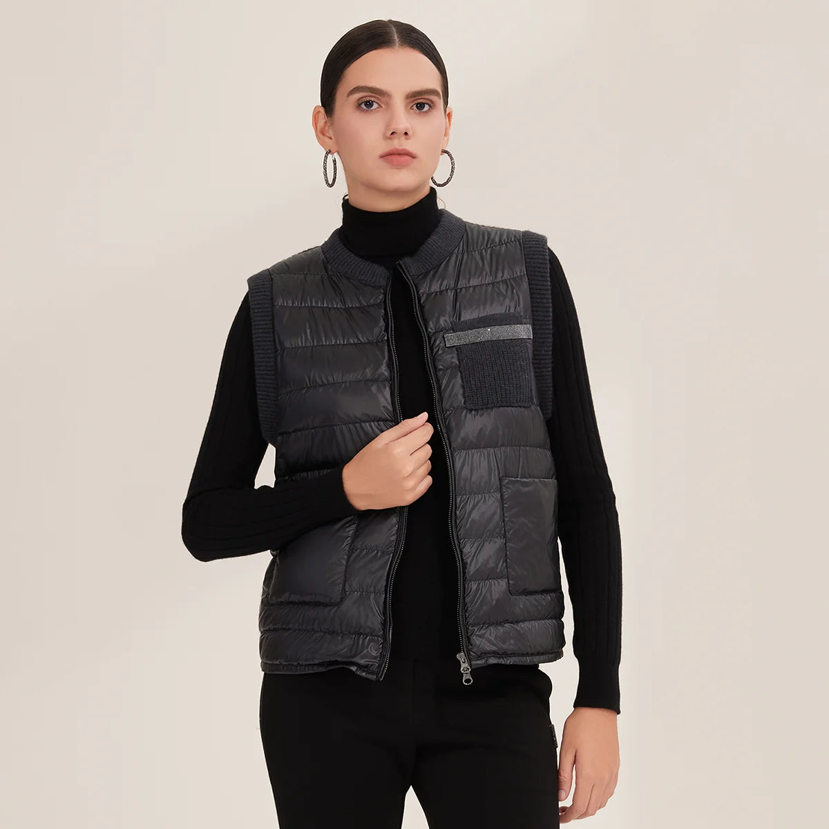 BD3521201 Goose Down Puffer Vest for Women 100% Cashmere Lightweight Warm Knit Panel Design Luxury