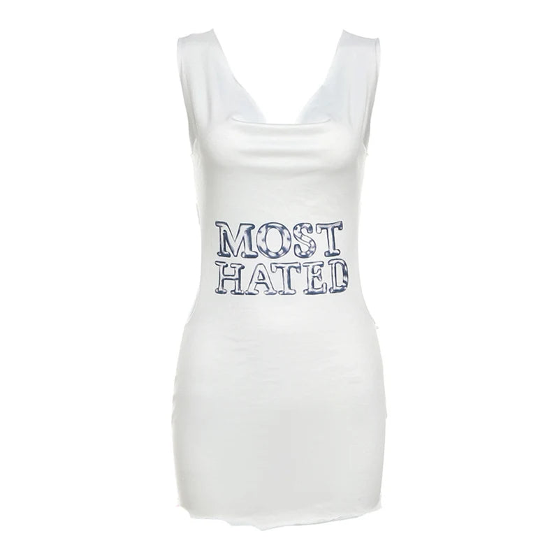 Women Backless Letter Print Dress Pile Collar Chain Sleeveless Peach Hip Stretch Irregular Bodycon Vacation Clubwear