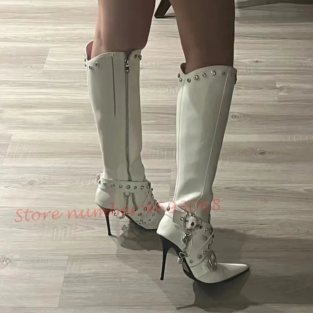 Pointy Hottie Biker Long Boots Women Sexy Crystal Rivets Belt Buckle Stiletto Heels White Boots Winter Outfit Fashion Lady Shoes