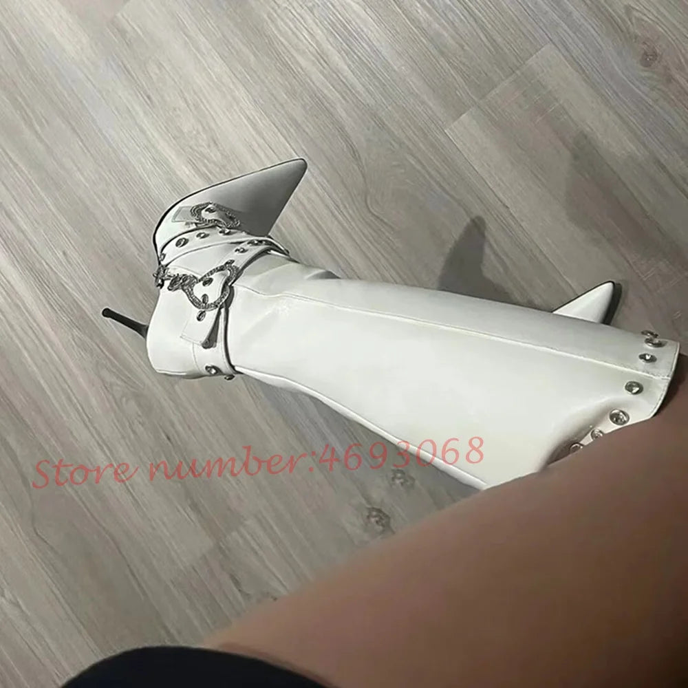Pointy Hottie Biker Long Boots Women Sexy Crystal Rivets Belt Buckle Stiletto Heels White Boots Winter Outfit Fashion Lady Shoes