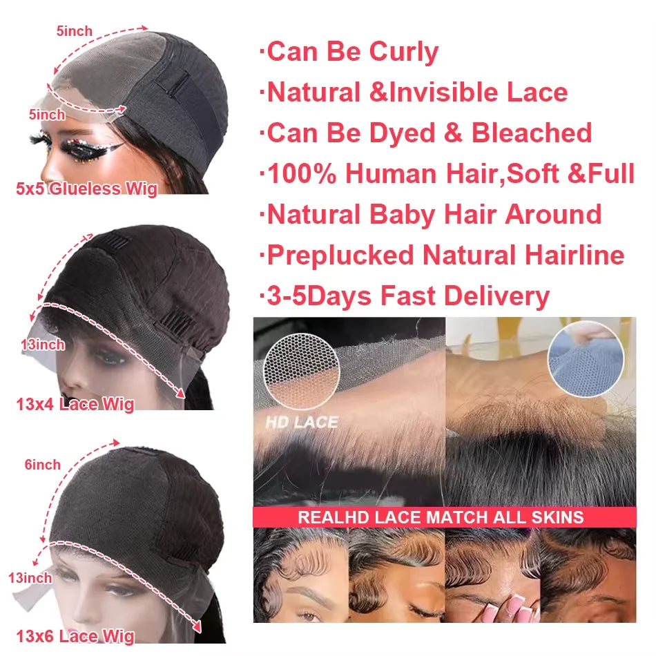 13x6 HD Lace Front Wig Human Hair Pre plucked 13x4 Human Hair Wigs 36 inch Bone Straight Lace Frontal Wig Glueless Wig For Women