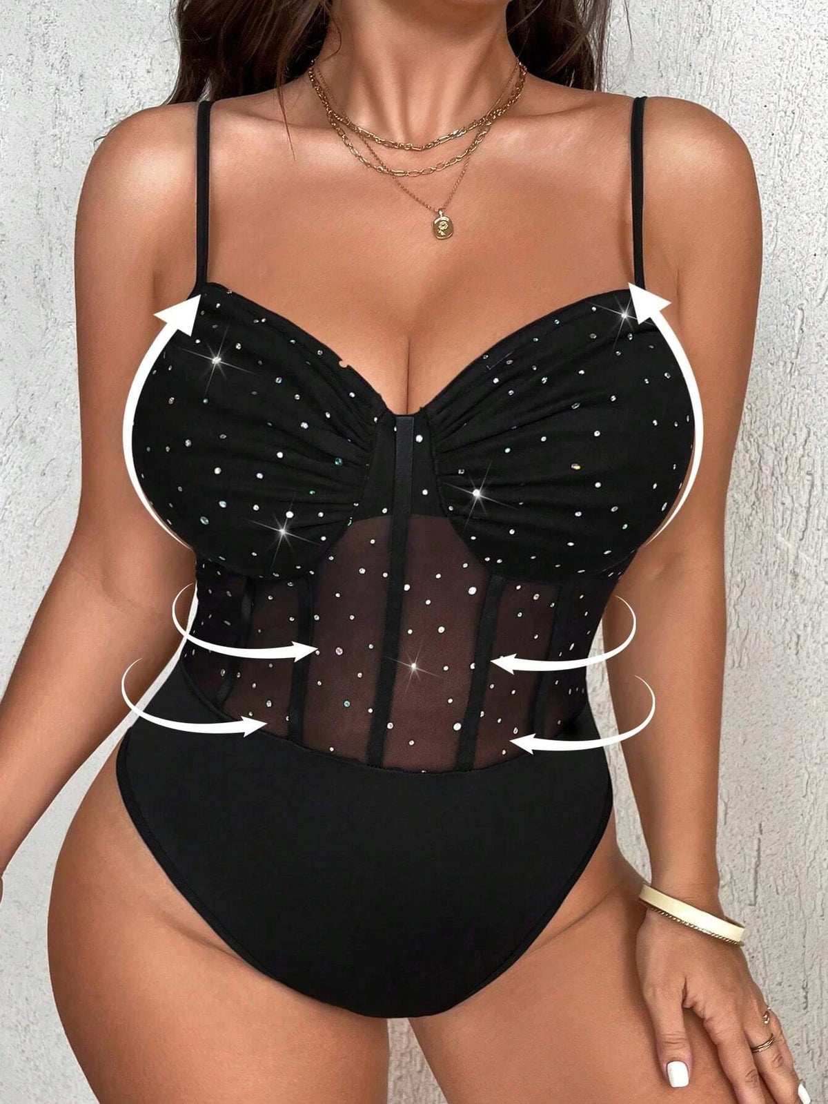 Plus-size Women's Rhinestone Shimmering See-through Bodysuit, Backless Lace Halter Mesh Sexy Bodysuit, Can Be Worn as an Outer G