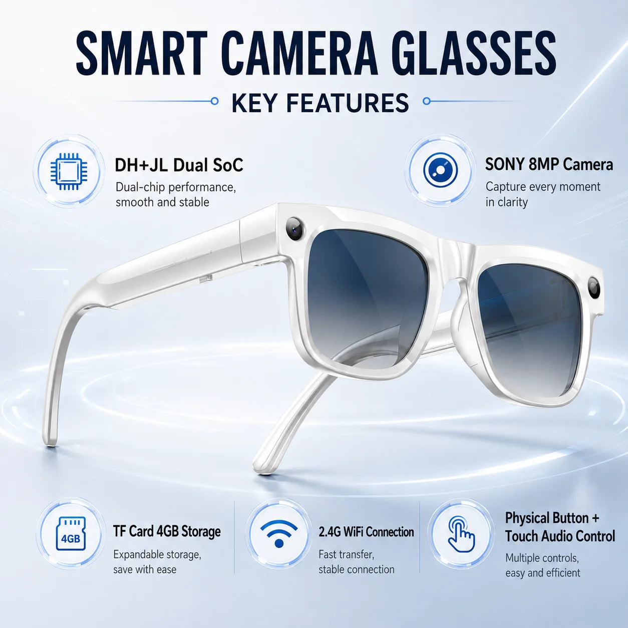 Smart Glasses 800W Pixel Camera Bluetooth IPX4 Waterproof Magnetic Charging Audio Glasses Video Voice Recorder Hands-Free Camera