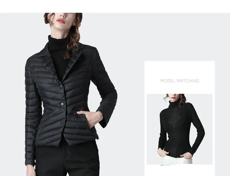 Fashion Suit Collar Women Winter Down Jacket Elegant Slim Warm Lightly Puffer Coat Outwear Plus Size 3 Buttons Duck Down Jackets