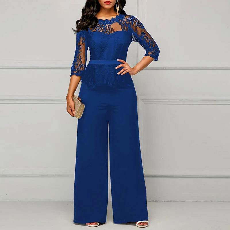 Sexy Lace Hollow Out Jumpsuits Women Spring Autumn Solid O-neck Half Sleeve Party Rompers Elegant Office Lady Wide Leg Overalls