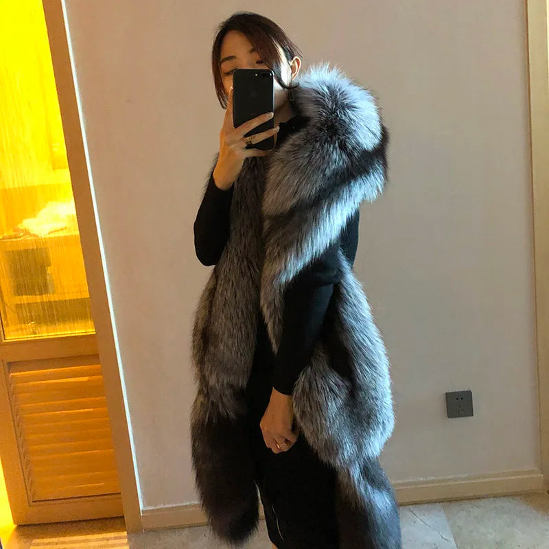 MS.Minshu Long Natural Fox Fur Scarf Genuine Fur Boa Whole Fox Stole with Tails
