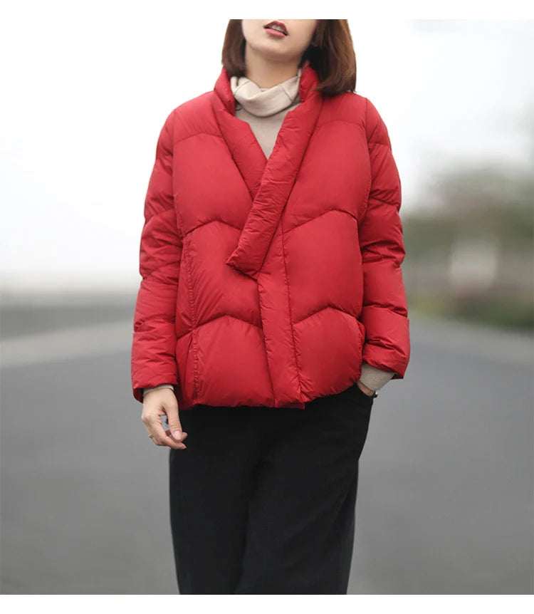 Schinteon Women Japanese Style Jacket Over Size White Duck Down Coat Loose Warm Autumn Winter Casual Outwear Top Quality