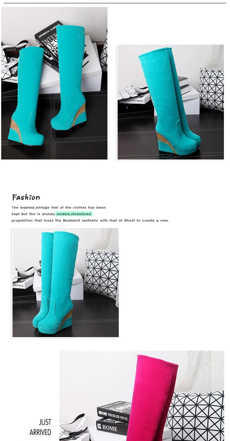 Flock Stitching Sequined Cloth Wedges Women's Knee-Length Boots Inner Heightening Platform Flat-Bottomed Winter Long Boots