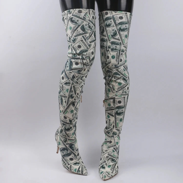 Dollar Printed Stretch Thigh Boots Pointed Toe Thin High Heel Slim Leg Elastic Over The Knee Boots Women Fall Fashion Long Boots