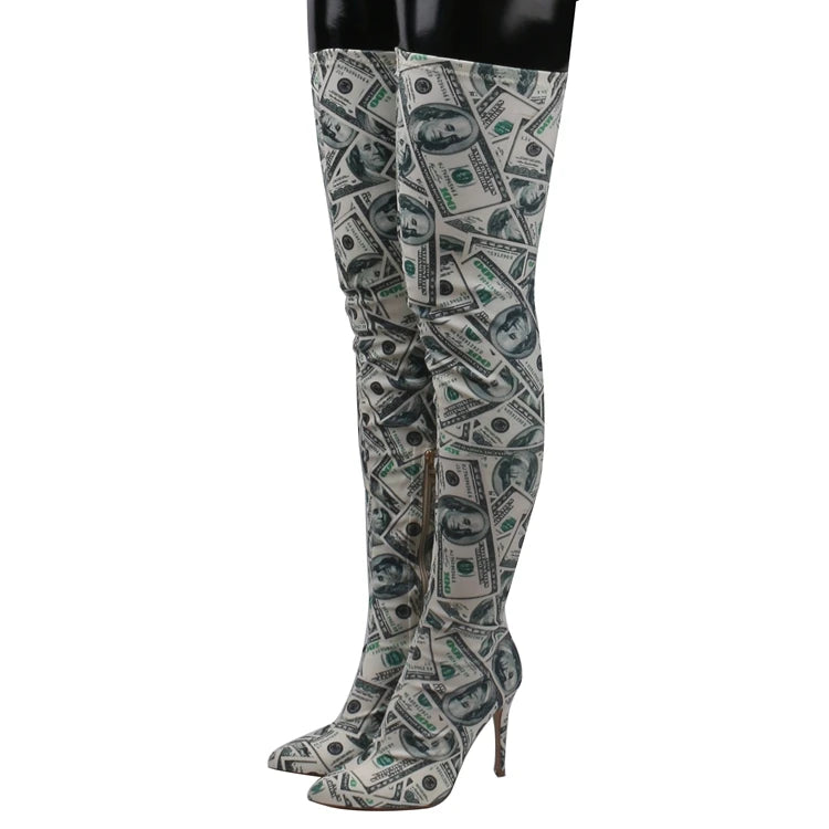 Dollar Printed Stretch Thigh Boots Pointed Toe Thin High Heel Slim Leg Elastic Over The Knee Boots Women Fall Fashion Long Boots