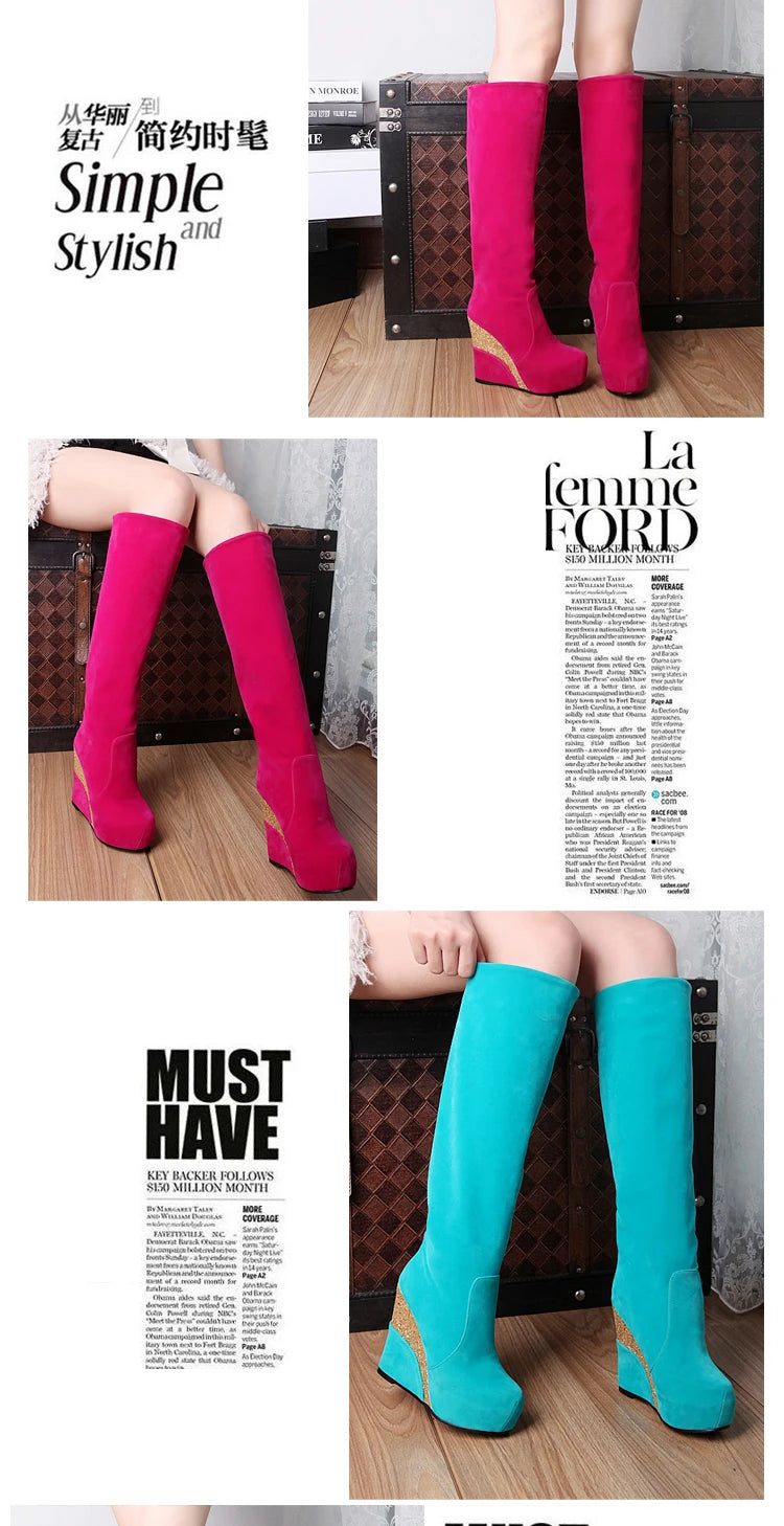 Flock Stitching Sequined Cloth Wedges Women's Knee-Length Boots Inner Heightening Platform Flat-Bottomed Winter Long Boots