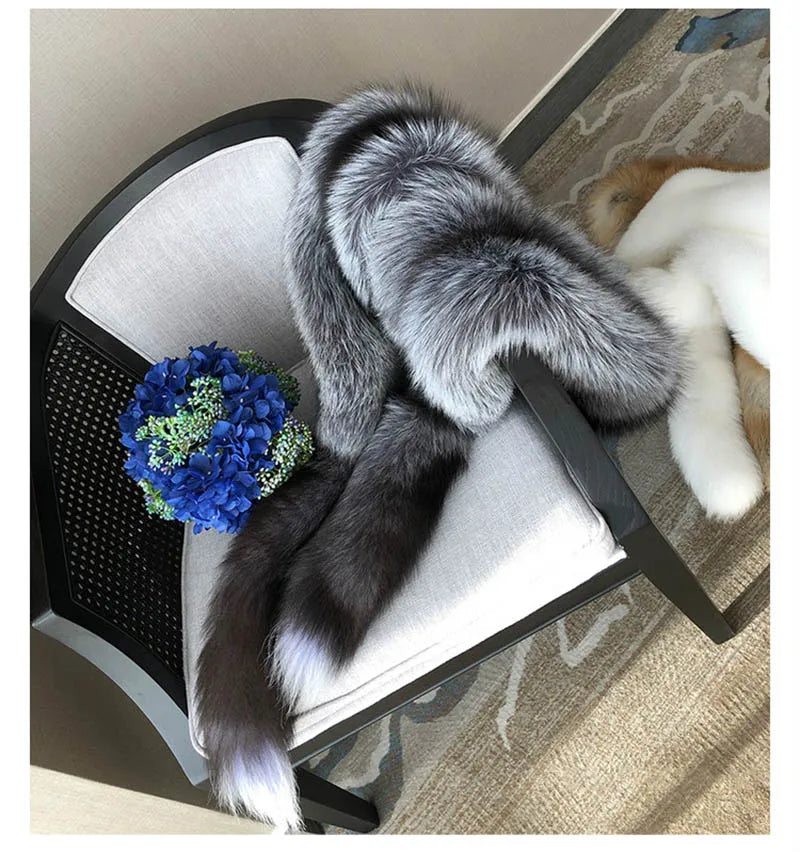MS.Minshu Long Natural Fox Fur Scarf Genuine Fur Boa Whole Fox Stole with Tails