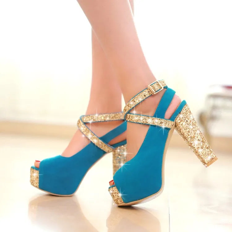 12CM High Heel Thick Heel Sandals Spring and Summer New Style Buckle Fish Mouth Women's Shoes Black Blue Plus Size 32-43