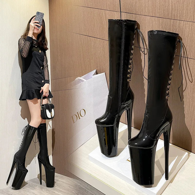 26cm High Heels Mid-Calf Red Black Women Boots Round Head Rear Strap Pole Dance Shoes Fashion Sexy Roman Style bota feminina