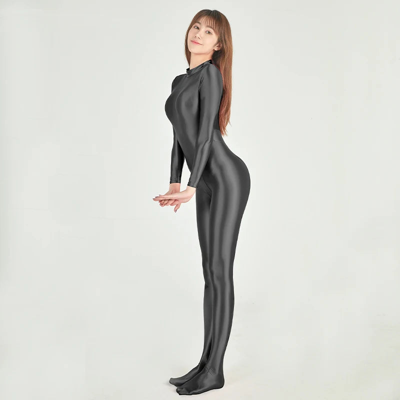 AMORESY Sexy Shiny Long Sleeve Full Length Oil Tights Smooth Leotard Running Overall Yoga Zentai Casual Sport Jumpsuits Catsuits