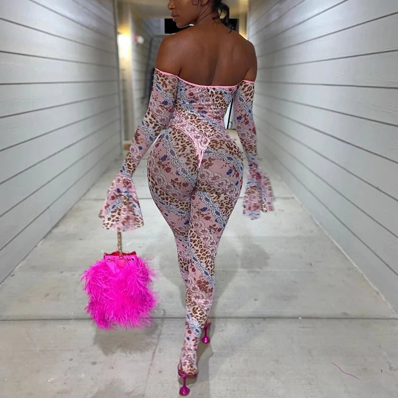 Women Sexy See-through Slash Neck Flared Sleeve Nightclub Outfits Overalls 2025 Hipster High Waist Floral&Leopard Print Jumpsuit