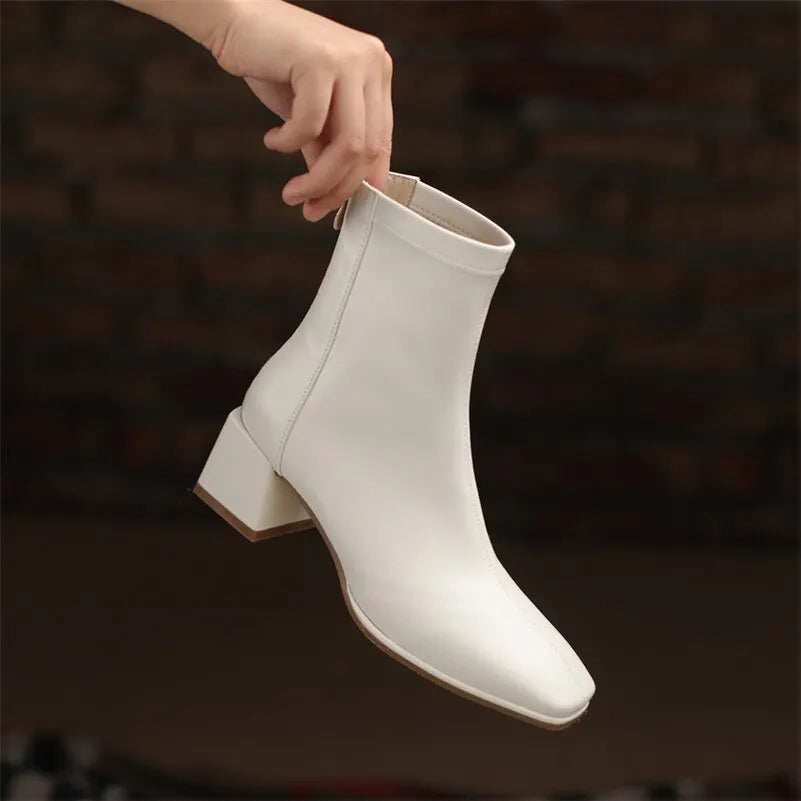 Meotina Ankle Boots Women Genuine Leather High Heel Shoes Thick Heel Short Boots Zip Square Toe Ladies Boots Autumn Winter Beige