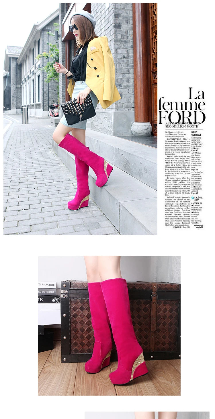 Flock Stitching Sequined Cloth Wedges Women's Knee-Length Boots Inner Heightening Platform Flat-Bottomed Winter Long Boots