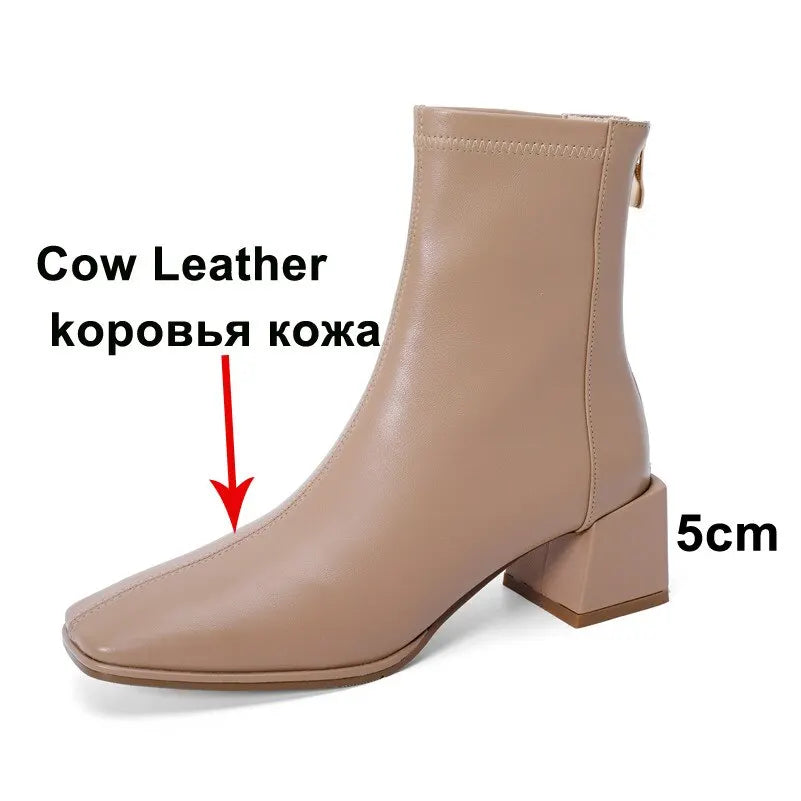 Meotina Ankle Boots Women Genuine Leather High Heel Shoes Thick Heel Short Boots Zip Square Toe Ladies Boots Autumn Winter Beige