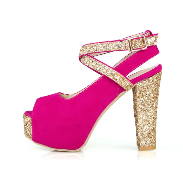 12CM High Heel Thick Heel Sandals Spring and Summer New Style Buckle Fish Mouth Women's Shoes Black Blue Plus Size 32-43