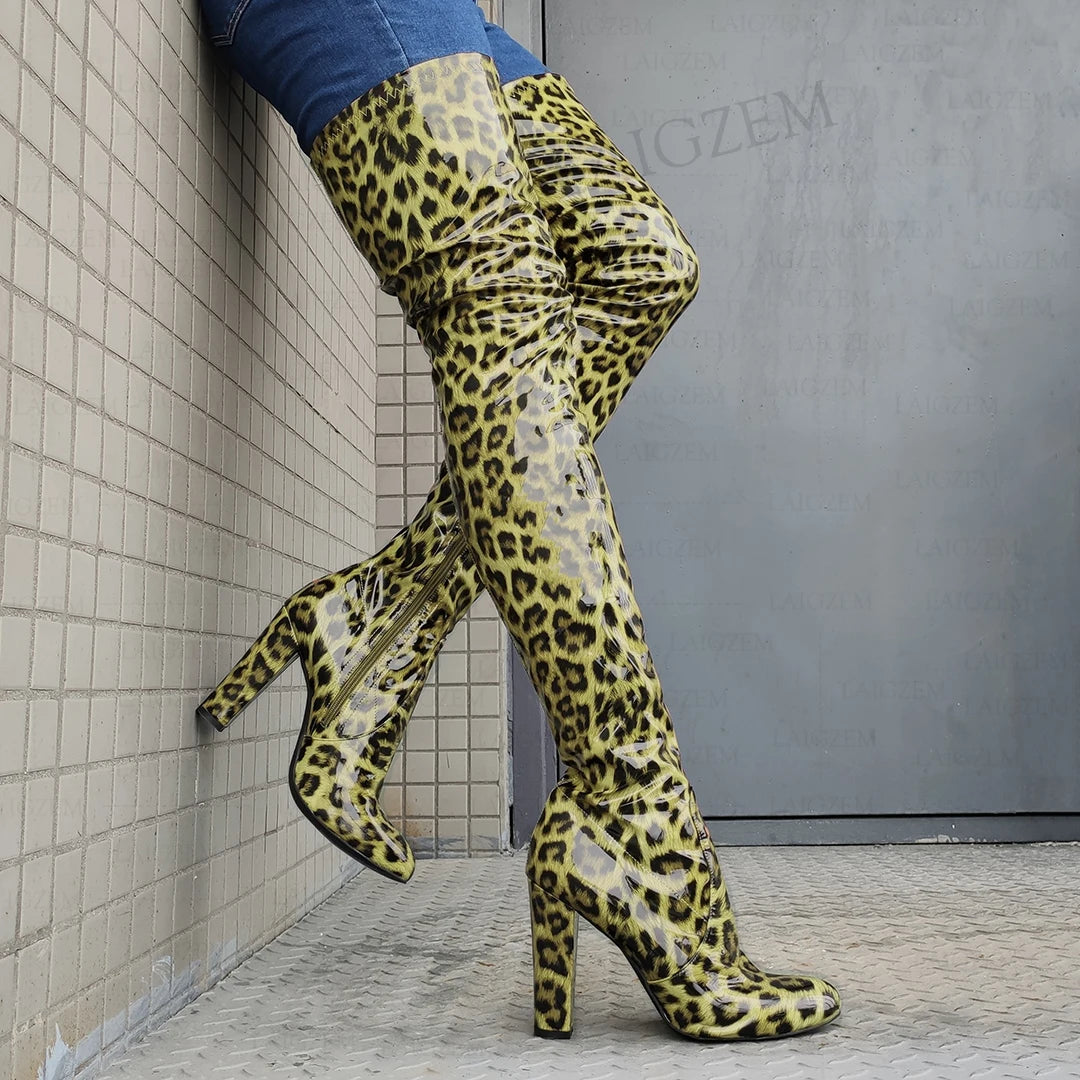 LAIGZEM Women Over High Boots Zip Up Shiny Thick Heels Boots High Bota Mujer Party Ladies Shoes Woman Big Size 40 42 44 47 52