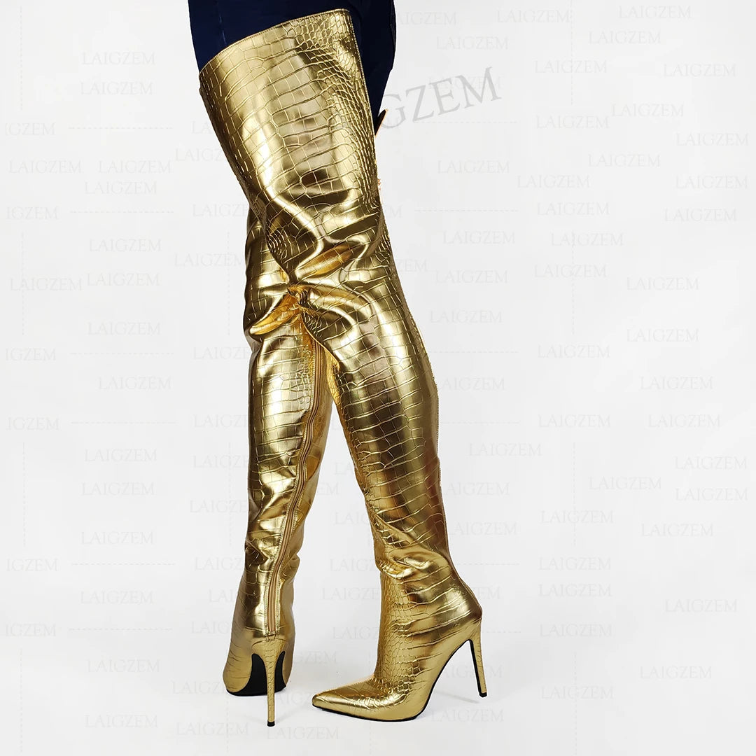 LAIGZEM Women Crotch High Boots Full Back Zip Up Stiletto High Heels Boots Corcodile Print Ladies Shoes Woman Big Size 38 42 47