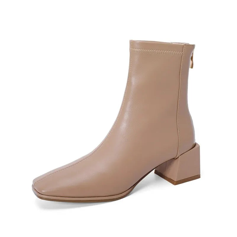 Meotina Ankle Boots Women Genuine Leather High Heel Shoes Thick Heel Short Boots Zip Square Toe Ladies Boots Autumn Winter Beige
