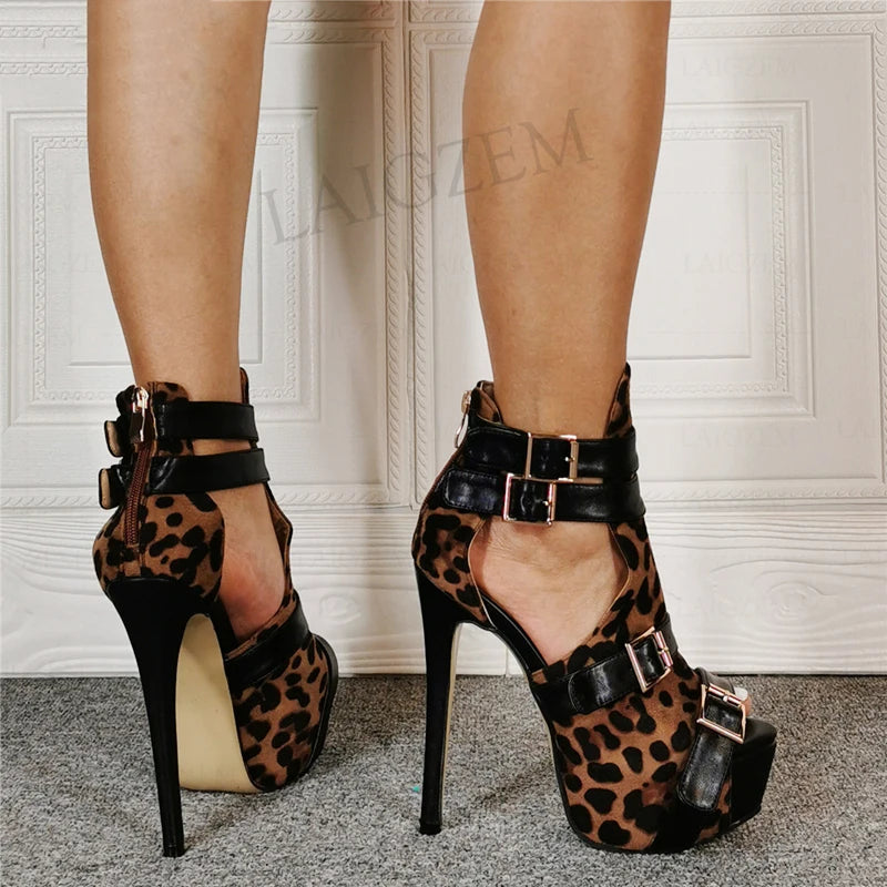 DOBANER Women Platform Pumps Party Prom Peep Toe High Heels Sandals Leopard Shoes Woman Unisex 4 Season Plus Size 43 45 48 50 52