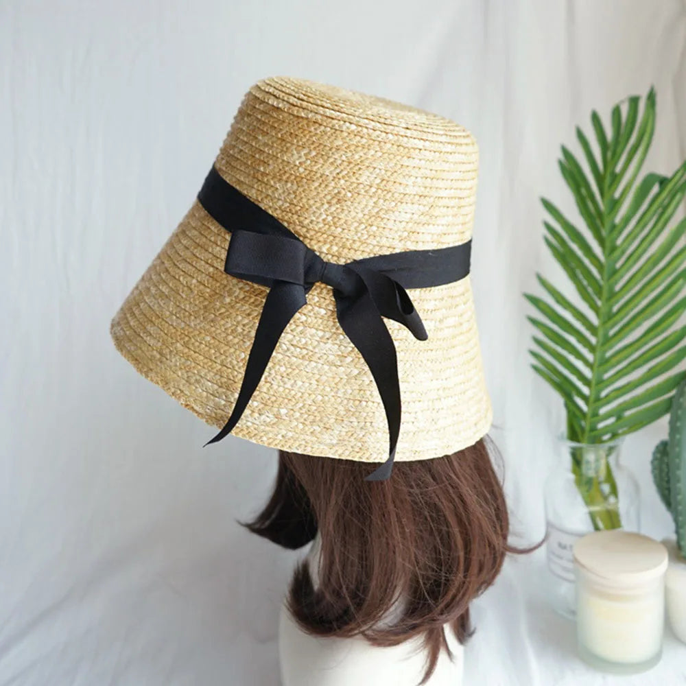 Handmade Summer Hats For Women Ladies Sun Hat Ribbon Bowknot Beige Straw Hat Adjuatble Beach Hat Wide Brim Kentucky Derby Hat