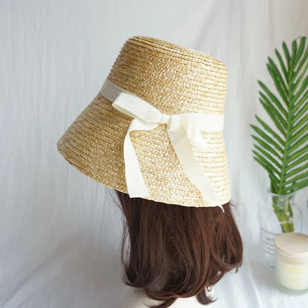 Handmade Summer Hats For Women Ladies Sun Hat Ribbon Bowknot Beige Straw Hat Adjuatble Beach Hat Wide Brim Kentucky Derby Hat