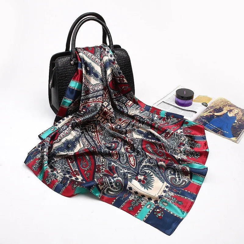 Wholesale Fashion Floral Print Kerchief Silk Satin Shawls and Wraps Hijab Scarfs Female 90cm*90cm Square Bag Scarves For Ladies