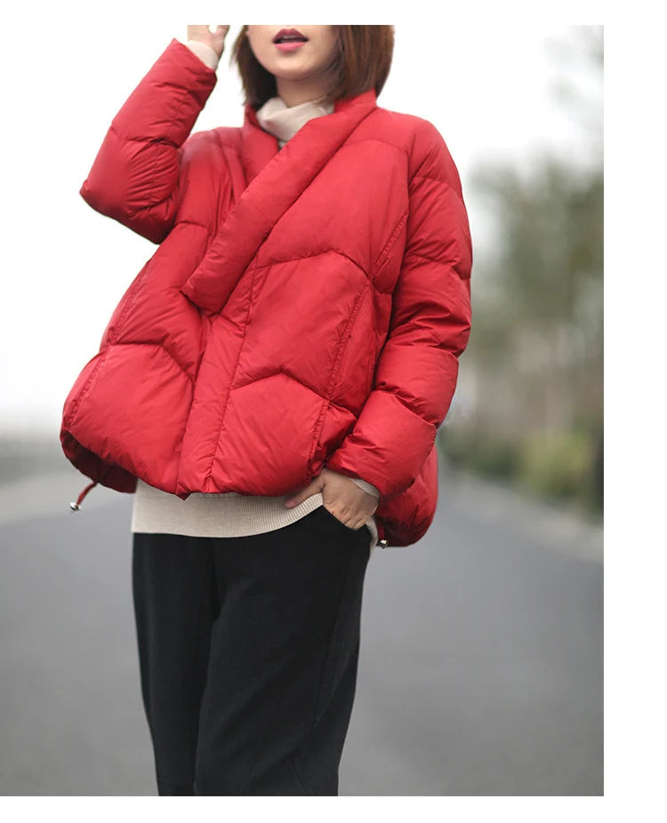 Schinteon Women Japanese Style Jacket Over Size White Duck Down Coat Loose Warm Autumn Winter Casual Outwear Top Quality