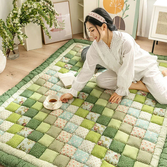 Large Thick Cotton Quilted Rugs for Living Room Anti Slip Bedroom Bedside Carpet Rugs Winter Warm Floral Print Tatami Floor Mats