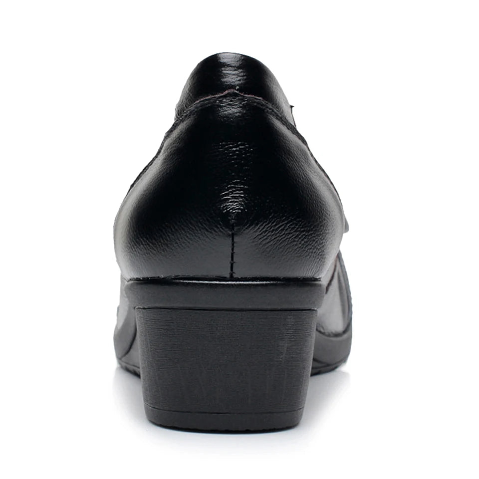 Women's Genuine Leather Pumps with Soft Butterfly Knot Wedge Low Heel Comfortable Round Toe Ladies Mother Loafers
