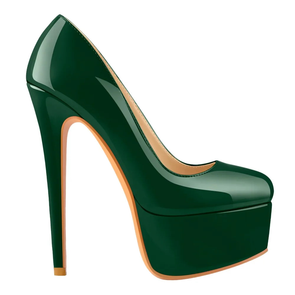 Onlymaker Women Platform Round Toe Pumps Slip On Stiletto Black Patent High Heels Wedding Party Plus Size Sexy Shoes