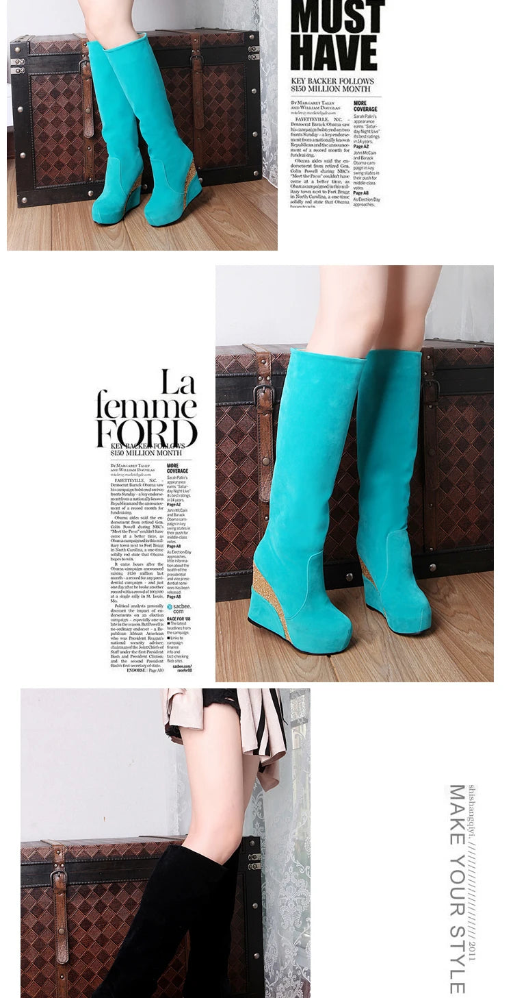 Flock Stitching Sequined Cloth Wedges Women's Knee-Length Boots Inner Heightening Platform Flat-Bottomed Winter Long Boots