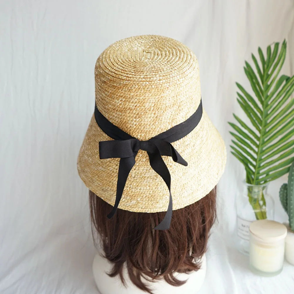 Handmade Summer Hats For Women Ladies Sun Hat Ribbon Bowknot Beige Straw Hat Adjuatble Beach Hat Wide Brim Kentucky Derby Hat