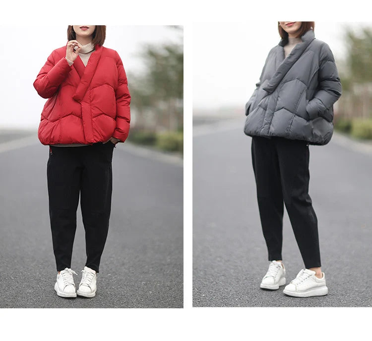 Schinteon Women Japanese Style Jacket Over Size White Duck Down Coat Loose Warm Autumn Winter Casual Outwear Top Quality