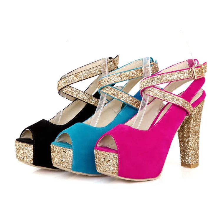 12CM High Heel Thick Heel Sandals Spring and Summer New Style Buckle Fish Mouth Women's Shoes Black Blue Plus Size 32-43