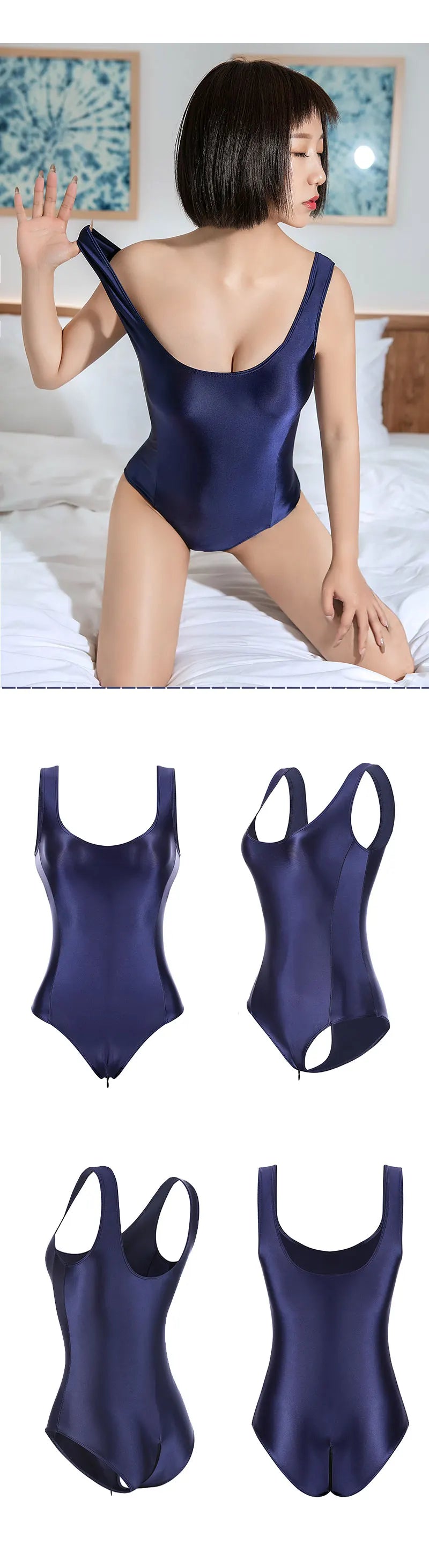 Sexy Women Zipper Open Crotch HIgh Cut Bodysuit One Piece Thong Sexy Maid Tights Oil Shiny Bodysuit Shaping Leotad