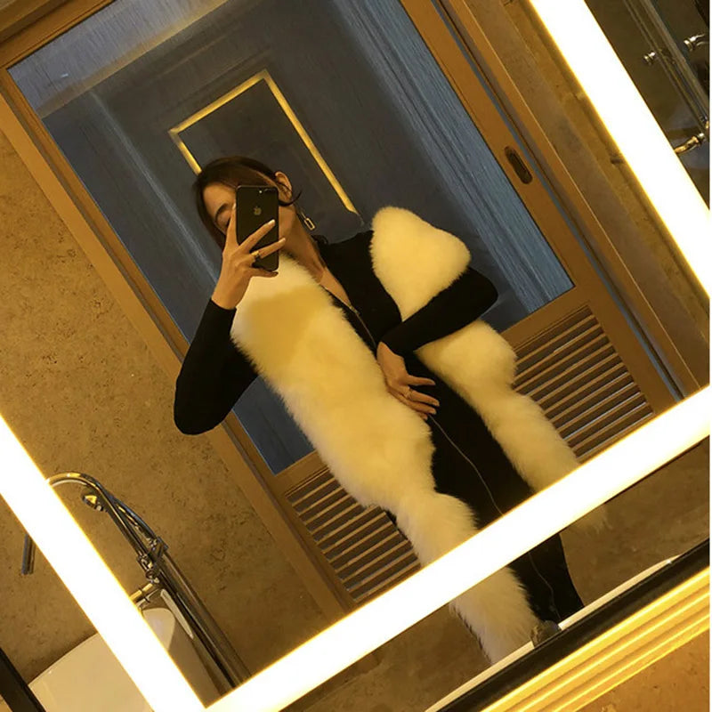 MS.Minshu Long Natural Fox Fur Scarf Genuine Fur Boa Whole Fox Stole with Tails